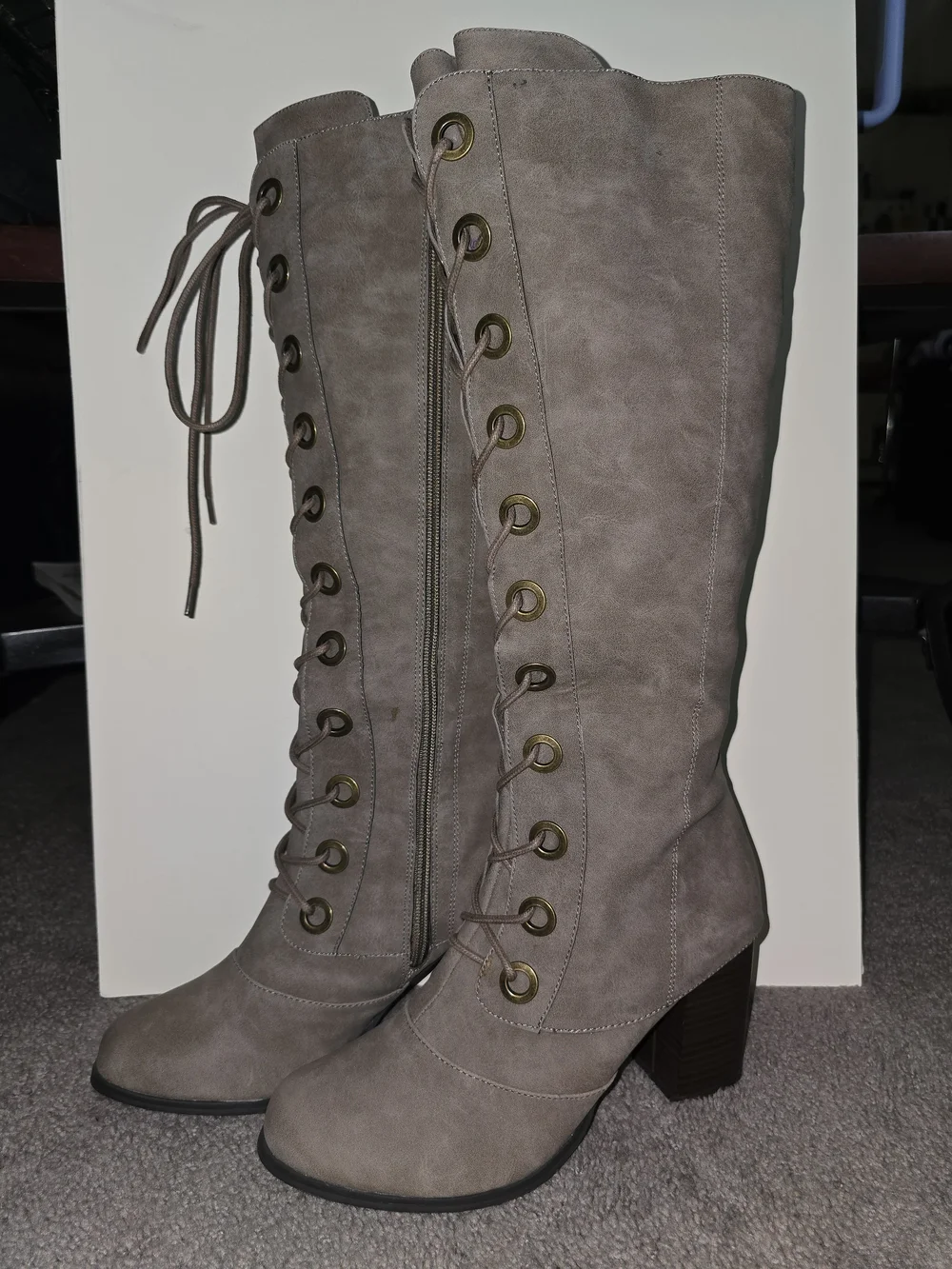 Tall Lace-Up Taupe Women's Heeled Boots